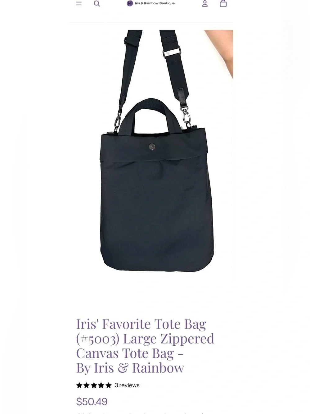 Iris' Favorite Tote Bag Large Zippered Canvas Tote Bag Iris & Rainbow Black NWT